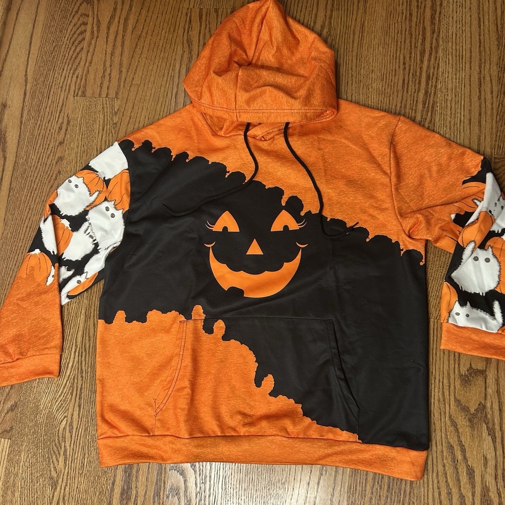 Halloween Sweatshirt Women Or Men Orange Black White Pullover Size L Hoodie